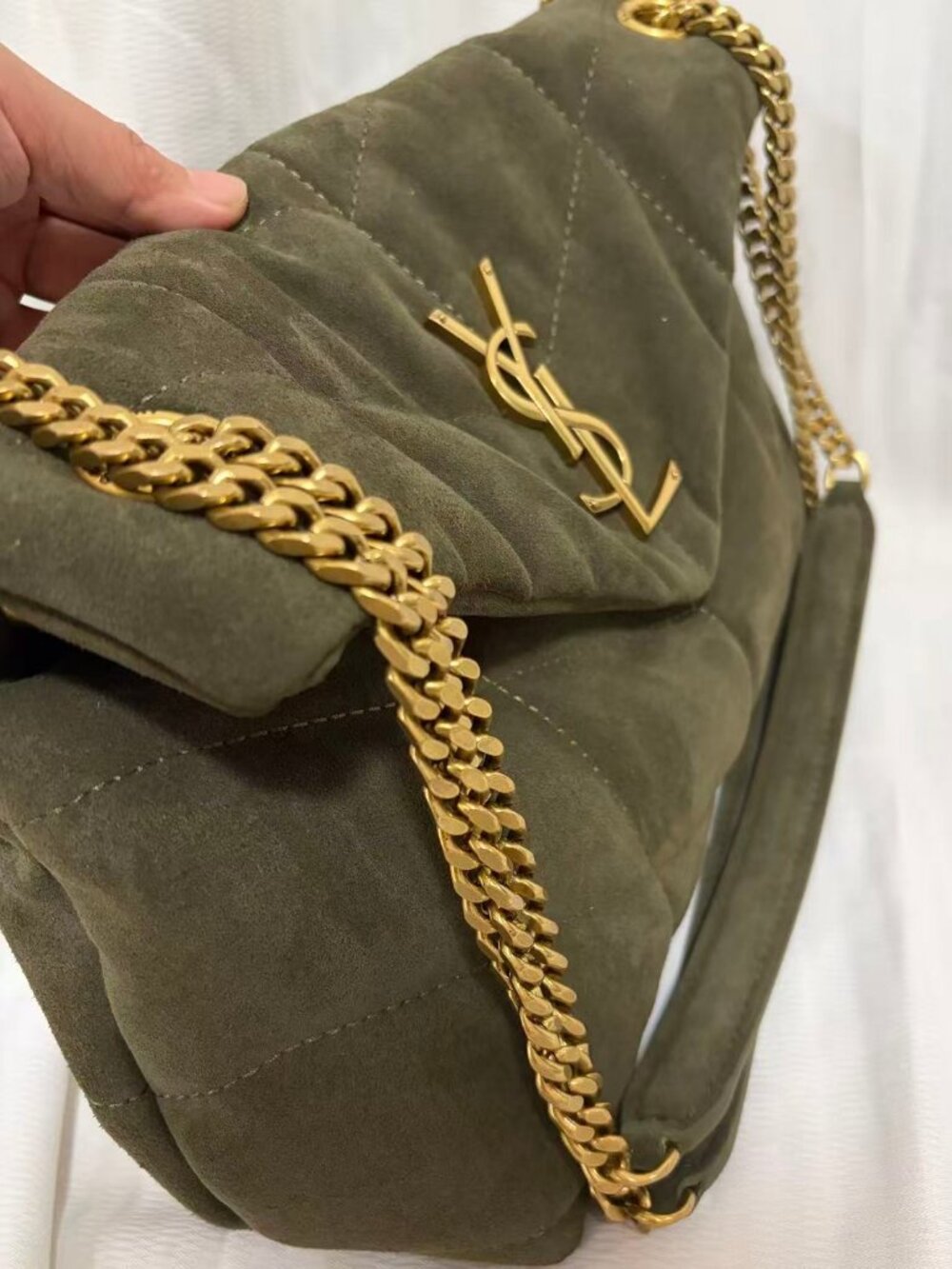 Saint Laurent Olive Green Suede Shoulder Bag with Gold Chain